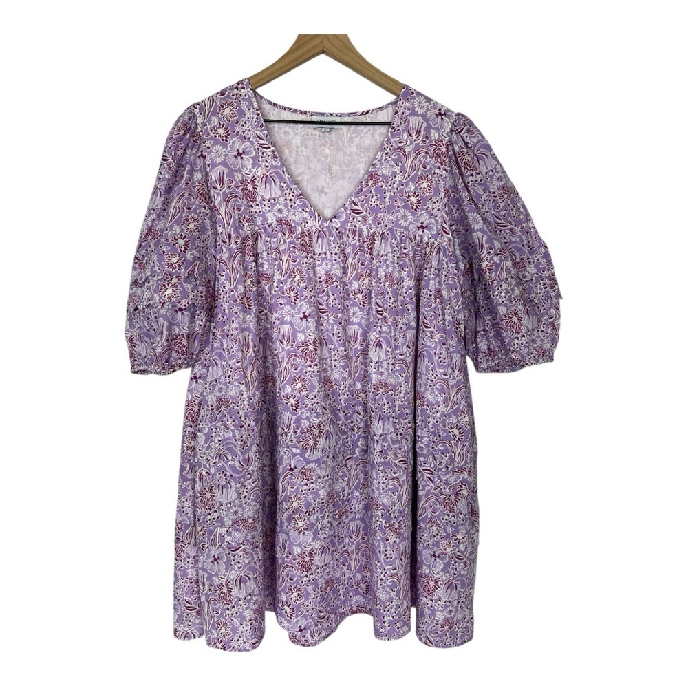 Lilac Floral V-Neck Puff Sleeve Dress